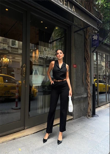 KETEN DUBLE PAÇA DERİ TABA KEMERLİ PANTOLON - Siyah ürün görseli