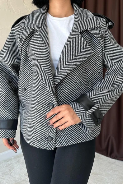 Gri Çizgili Deri Garnili Ceket - 2