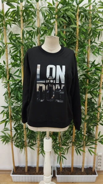 Erkek Uzun Kollu Bisiklet Yaka London Logo Baskılı Iki Iplik Bluz - Resim 4