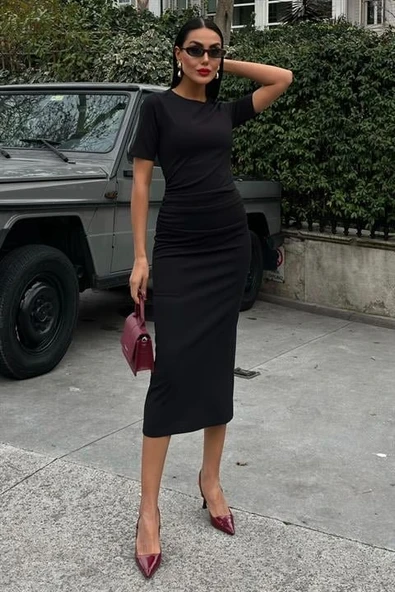 Beli Büzgülü Midi Elbise 2853 - Resim 6