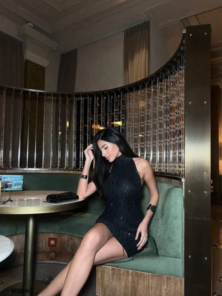 Kadın Pul Payet Kumaş Halter Yaka Mini Elbise - Resim 6