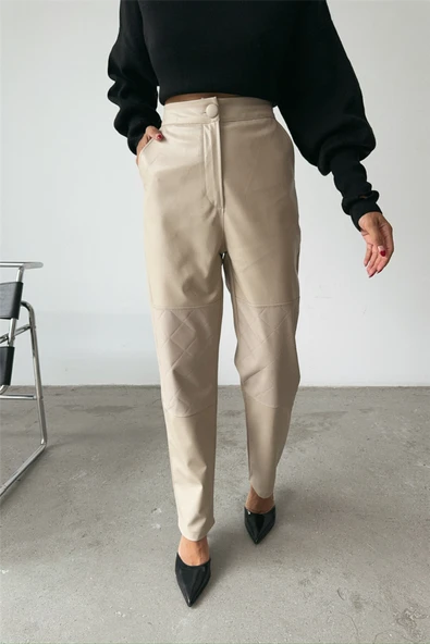 DERİ PANTOLON DİZ PARÇALI - Taş - Resim 4