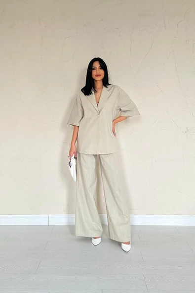 Bej Önü Tek Düğmeli Ceket Pantolon Takım - Resim 2