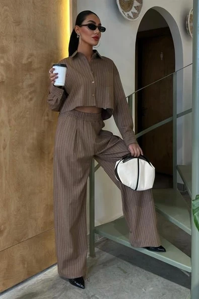 Crop Gömlekli Çizgili Takım 10080 - Resim 3