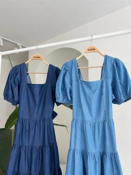 Kare Yakalı Ve Gipe Detaylı Tensel Elbise 2883 - Resim 9