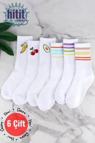 Kadın 6 Çift Premium Kalite Renkli Çizgili ve Meyve Desenli Nefes Alabilen Tenis Çorabı