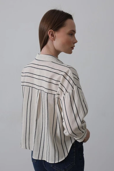 Çizgili Kısa Gömlek - Bej-Lacivert - Resim 3