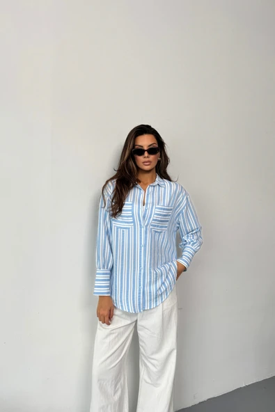 ÇİZGİLİ GÖMLEK - Mavi - Resim 3