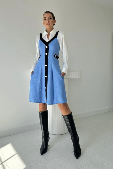 Mavi Siyah Süs Cepli Askılı Elbise ürün görseli