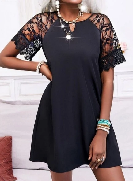 Kadın Dantelli Kısa Kollu Damla Yaka Krep Elbise - Resim 3