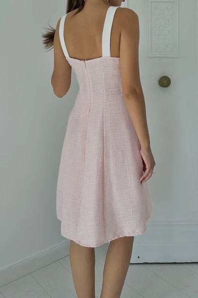 Pudra Ekru Süs Cepli Askılı Elbise - Resim 4