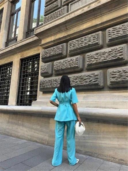 KISA KOL BAĞLAMA DETAYLI CEKET-PANTOLON TAKIM - Mavi - Resim 2