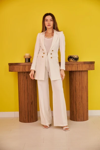Ekru Blazer Düğmeli Ceket - Resim 2
