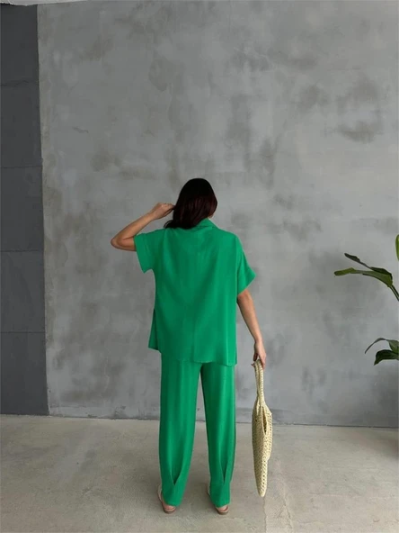 OMUZ MİDYE SIRALI BLUZ - PAÇA PENSLİ PANTOLON TAKIM - Yeşil - Resim 4