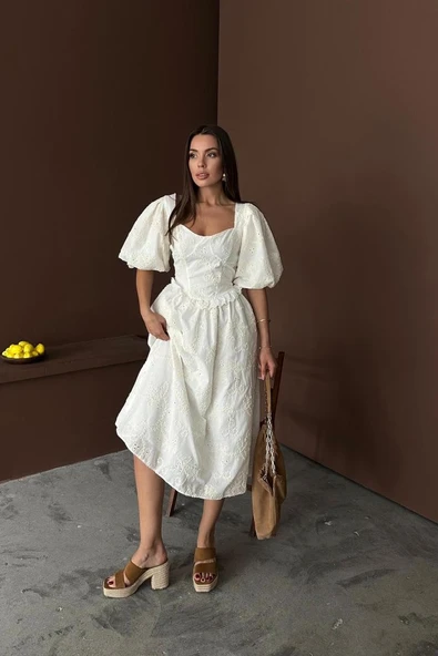 Ekru Balon Kollu Dantelli Brode Elbise - Resim 3