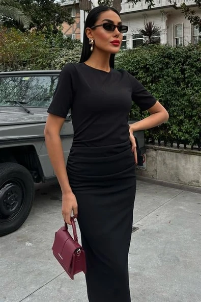 Beli Büzgülü Midi Elbise 2853 - Resim 5