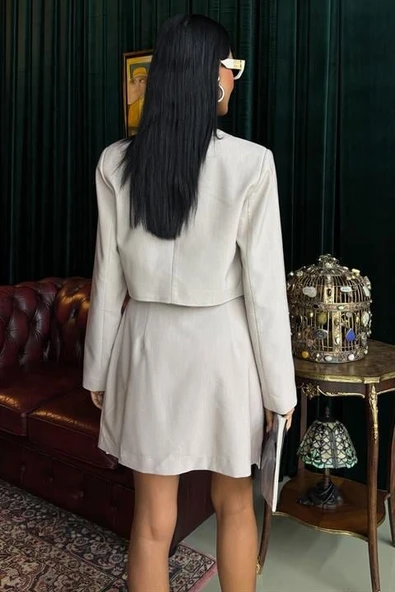 Crop Ceketli Ve Pile Etekli Garnili Takım 10111 - Resim 4