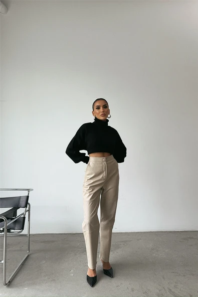 DERİ PANTOLON DİZ PARÇALI - Taş - Resim 2