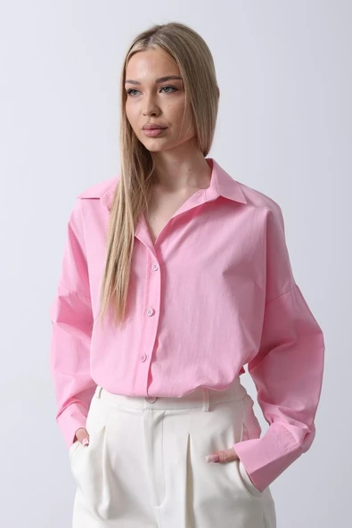 Geniş Manşet Detaylı Gömlek - Şeker Pembe - Resim 4