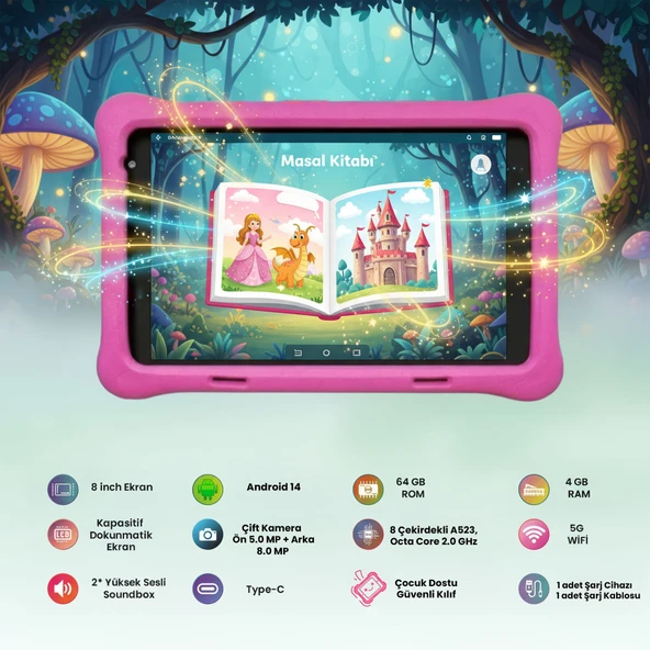 NPO NPK01Pro 8" 1280x800 IPS Ekran 4GB 64GB Android14 A523 2.0GHz Antişok Kılıf Çocuk Tableti Pembe - 2