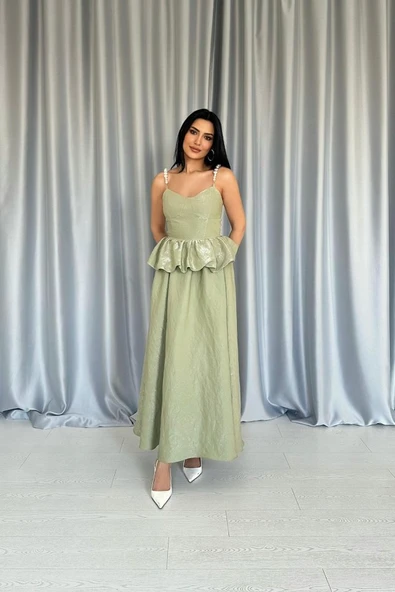 Yeşil Beli Büzgülü İnci Askılı Uzun Elbise - Resim 2