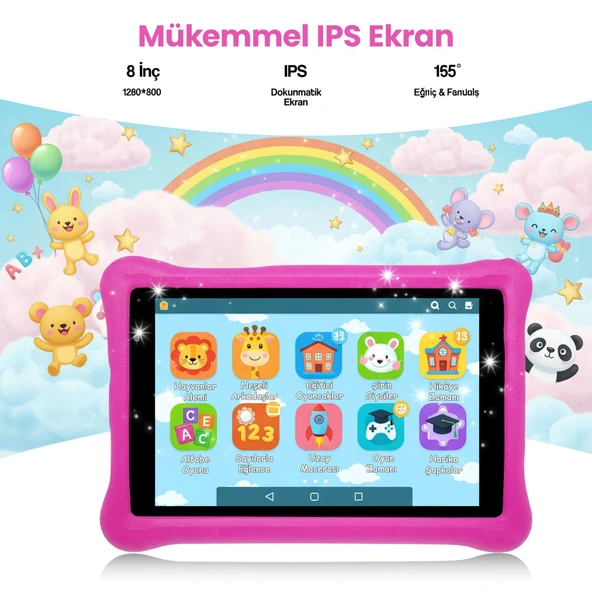 NPO NPK01Pro 8" 1280x800 IPS Ekran 4GB 64GB Android14 A523 2.0GHz Antişok Kılıf Çocuk Tableti Pembe - 3