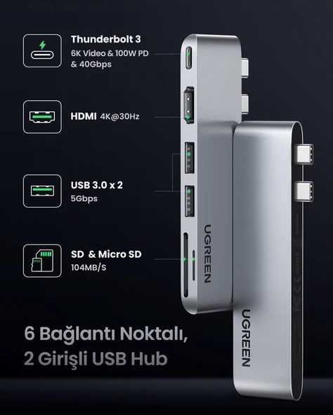 UGREEN 6'sı 1 Arada 2 USB 3.0 100W 6K PD Port Çoklayıcı Hub, 80856 - 3
