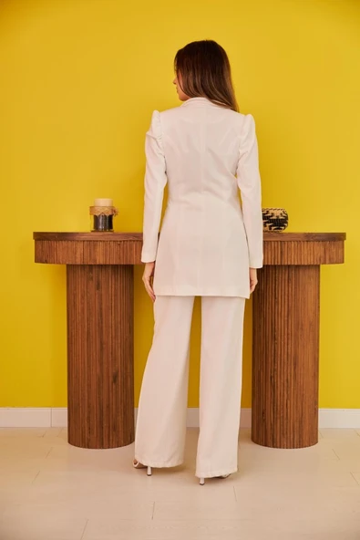 Ekru Blazer Düğmeli Ceket - Resim 4