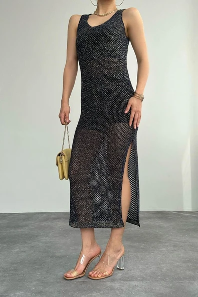 Simli Ajurlu Uzun Elbise - Lacivert-Sarı ürün görseli