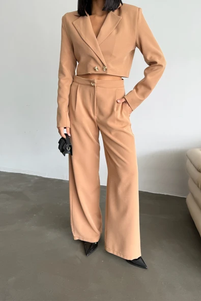 CROP CEKET - PANTOLON TAKIM GOLD DÜĞME DETAYLI - Kahverengi - Resim 4