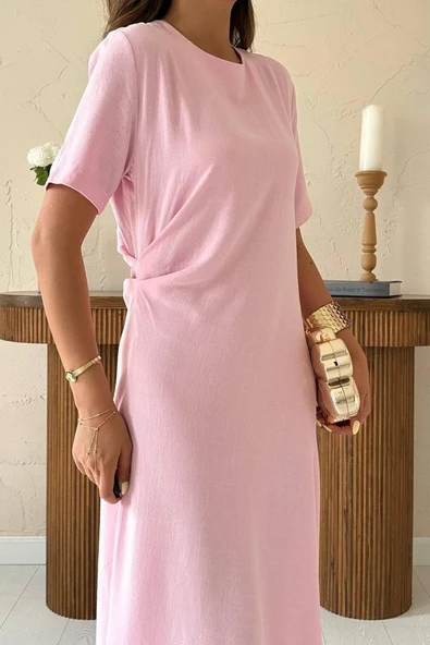 Pudra Pileli Bisiklet Yaka Elbise - Resim 4