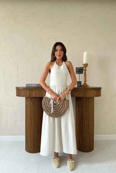 Bej Arkası Gipeli Keten Elbise - Resim 2