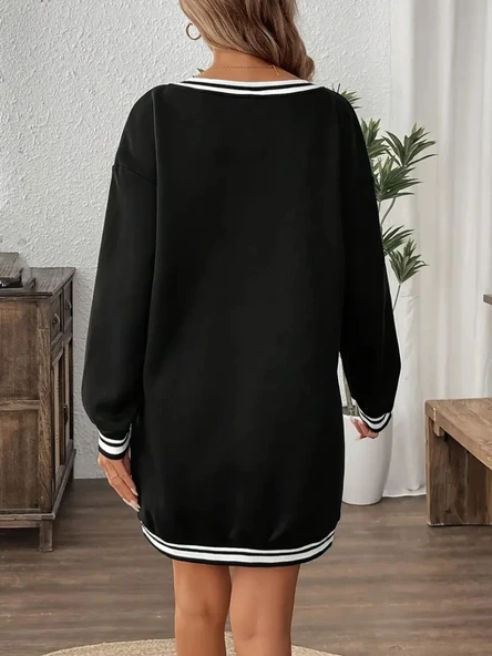 Kadın Uzun Kollu V Yakalı şerit Detaylı Kısa Viskon Iki Iplik Elbise - Resim 2