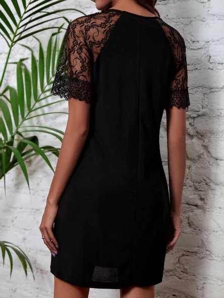 Kadın Dantelli Kısa Kollu Damla Yaka Krep Elbise - Resim 8