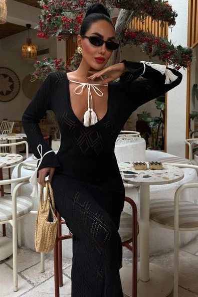 Püskül Bağcık Detaylı V Yaka Ajurlu Elbise 2850 - Resim 6