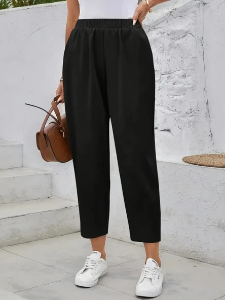 Kadın Yüksek Bel Yandan Cepli Düğme Detaylı Geniş Kesim Ithal Krep Pantolon - Resim 2