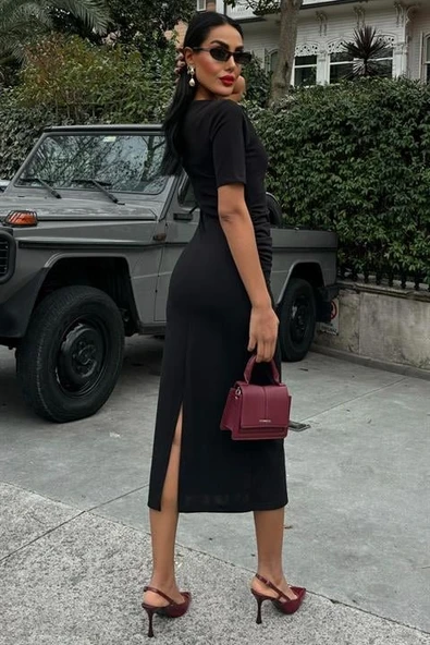 Beli Büzgülü Midi Elbise 2853 - Resim 4