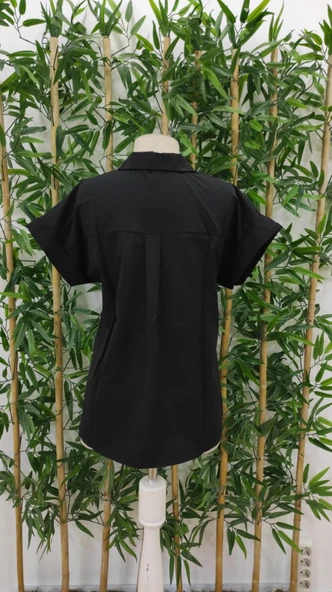 Kadın Kısa Kollu V Yakalı önden Düğmeli Dokuma Gömlek - Resim 10