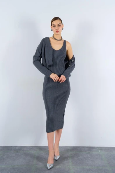 Fitilli Elbise Hırkalı Takım - Füme ürün görseli