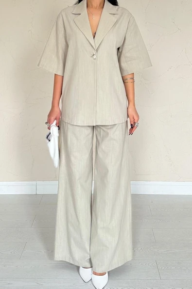 Bej Önü Tek Düğmeli Ceket Pantolon Takım - Resim 3