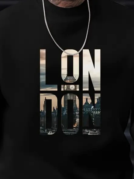 Erkek Uzun Kollu Bisiklet Yaka London Logo Baskılı Iki Iplik Bluz - Resim 2