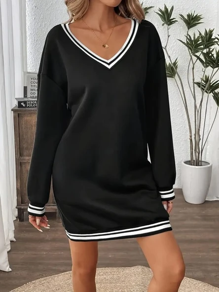 Kadın Uzun Kollu V Yakalı şerit Detaylı Kısa Viskon Iki Iplik Elbise ürün görseli