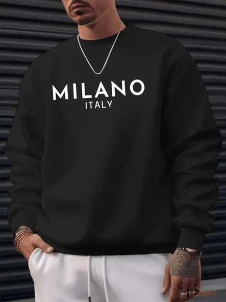 Erkek Uzun Kollu Bisiklet Yaka Milano Yazılı Iki Iplik Bluz - Resim 3