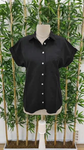 Kadın Kısa Kollu V Yakalı önden Düğmeli Dokuma Gömlek - Resim 9