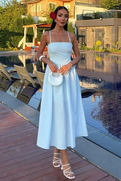 Sırtı Çapraz İpli Boncuk Detaylı Elbise 2902-08 - Resim 2