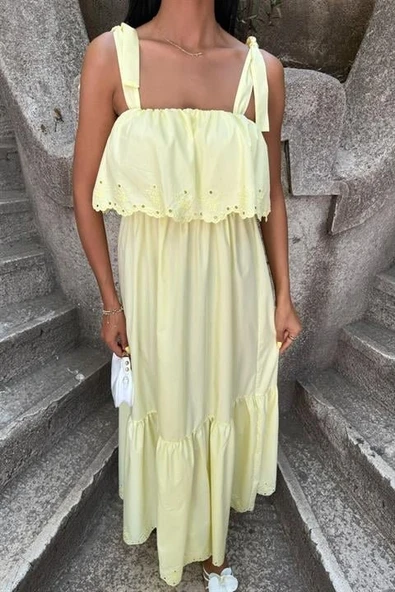 Etek Ucu Brode Nakışlı Boyundan Bağlamalı Elbise 2881 - Resim 7