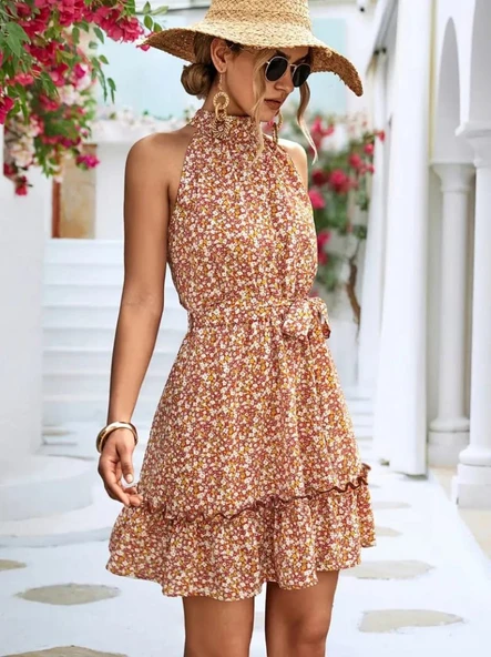 Kadın Eteği Volanlı Halter Yaka Süprem Elbise ürün görseli