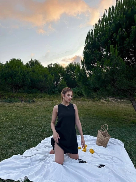 Kadın Keten Kumaş Kolsuz Mini Boy Elbise - Resim 2