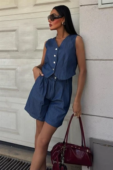 Gümüş Düğmeli Yelek Ve Şort Tensel Takım 10174 - Resim 3