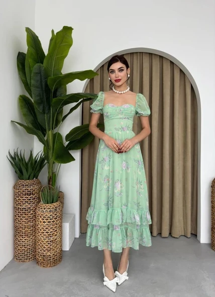 ŞİFON KUMAŞ DİJİTAL DESEN BASKILI ELBİSE - Resim 7